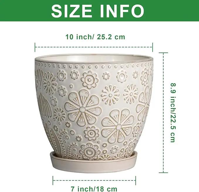 10 Inch Ceramic Planter Pot Large Plant Pot for Indoor Plants Outdoor Round Flower Pot with Drainage Hole and Saucer for Home Garden Decor White by GreenHaven Gardens