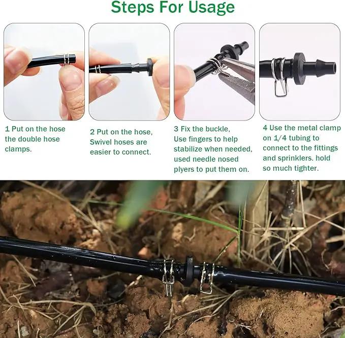 1/4" Irrigation Hose Clamps, 100 Double Line Hose Pipe Spring Clamps, Drip Irrigation Kit Connector Leak Solution by GreenHaven Gardens