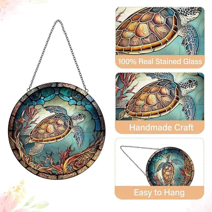 Sea Turtle Decor Suncatcher Stained Glass Window Hanging - Handmade Stained Glass Suncatchers Hangings with Hooks - Sea Art Glass Outdoor Garden Decor Gift for Women Him Valentines Day Birthday Gifts by GreenHaven Gardens