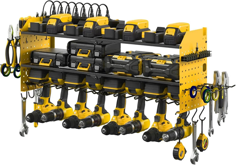 JUNNUJ Large Pegboard Power Tool Organizer with Charging Station, 8 Drills Driver and Tools Battery Holder Wall Mount with 8 Outlet Power Strip, Yellow 3-Layer Shop Garage Storage Utility Rack by GreenHaven Gardens