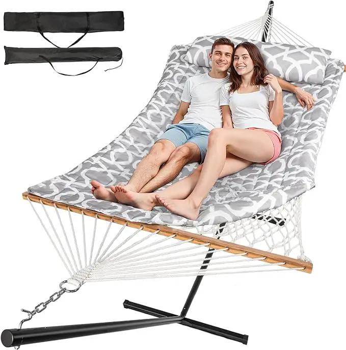 2 Person Outdoor Hammock with Stand, Cotton Rope Hammock with Polyester Pad, Adjustable Steel Frame, Portable with Carrying Bag – for Patio, Backyard, Garden, Beach, White-Gray by GreenHaven Gardens
