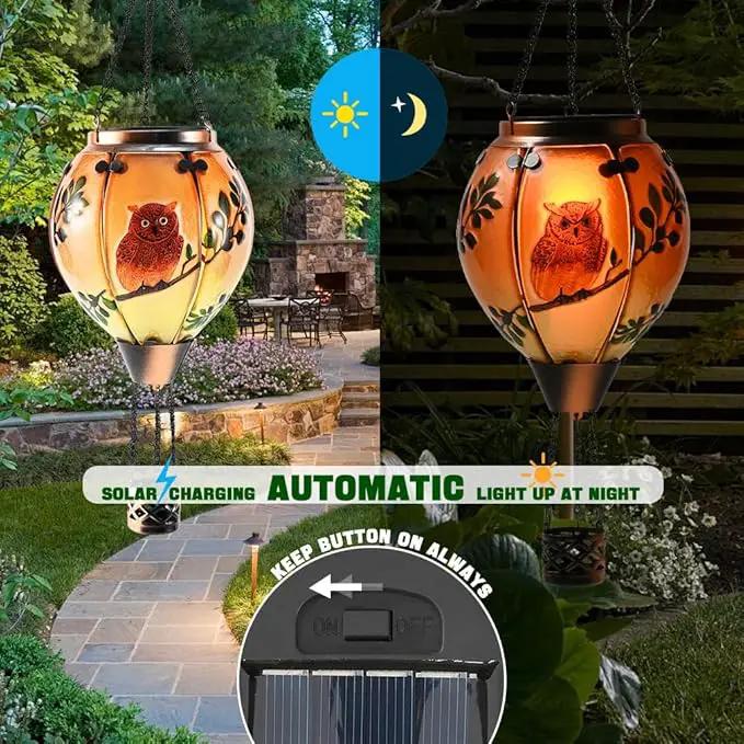 Hot Air Balloon Solar Lantern - Owl Bird Stained Glass Lantern with Simulated Flickering Flame, Outdoor Hanging Yard Light Waterproof IP65 & Weather Resistant for Patio Lawn Porch Decor Gfit by GreenHaven Gardens