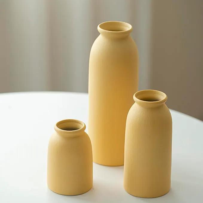 Ceramic Vase Set-3, Small Flower Vases for Decor, Modern Boho Farmhouse Style, Decorative Vases for Pampas Grass & Dried Flowers, Distressed Finish (Yellow) by GreenHaven Gardens