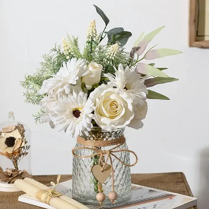 Artificial White Flowers with Vase, Fake Flowers Arrangement for Home Decor, Faux Flowers for Farmhouse Coffee Table Decor, House Kitchen Centerpiece Table Decorations by GreenHaven Gardens