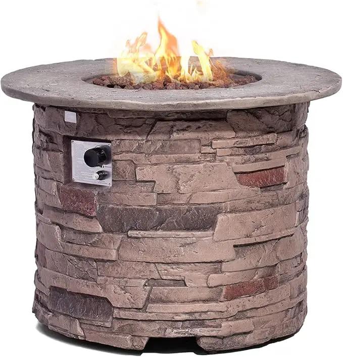 COSIEST Outdoor Propane Concrete Fire Pit Table w Imitation Stone Surface 32-inch Round Fire Table, CSA Certified, 40,000 BTU Stainless Steel Burner, Free Lava Rocks, Fits 20lb Tank Inside by GreenHaven Gardens
