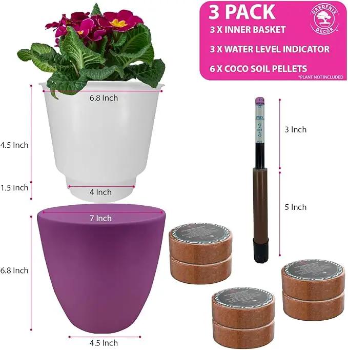 GARDENIX DECOR Self Watering Pots for Indoor Plants 3 Pack - Flower Pot with Water Level Indicator for Plants, Grow Tracking Tool - Self Watering Planter Plant Pot - Coco Coir - Purple by GreenHaven Gardens