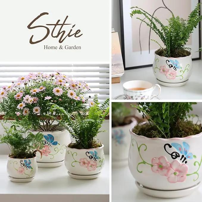 Ceramic Plant Pots with Drainage Holes and Saucers, Round Flower Pots for Indoor Plant, 3.9/5.2/6.7 Inches Flower Large Planters Set of 3 by GreenHaven Gardens