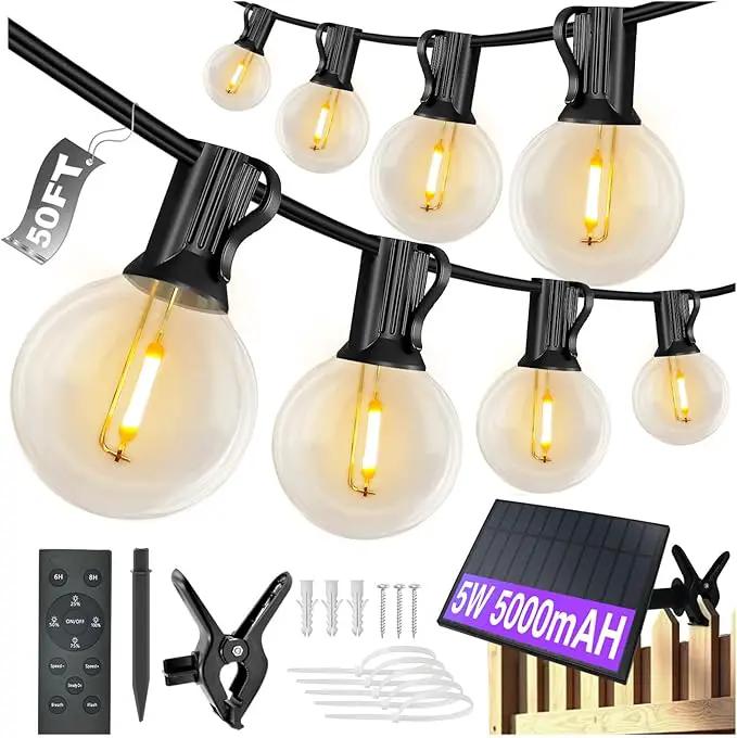 DAYBETTER 50FT Solar String Lights Outdoor Waterproof with 5W Panel Long Last for 20+Hrs&Remote,25 LED Bulbs Dimmable&Timer,Patio Lights 3 Installation-Clips,Stakes&Nails for Outside Porch Garden by GreenHaven Gardens