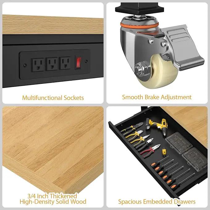 60" Adjustable Workbench,Heavy-Duty Work Table,3000 LBS Load Capacity Particleboard Hardwood Workstation Outlets with Power Strips, Drawers and Wheels,for Workshop, Garage by GreenHaven Gardens