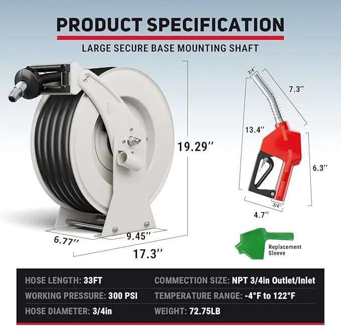 Fuel Hose Reel, 3/4" x 33FT Retractable Hose with Refueling Nozzle, 300 PSI Heavy-duty Steel Construction, Diesel Fuel Kerosene Reel Used for Aircraft Ship Vehicle Tanker Truck by GreenHaven Gardens