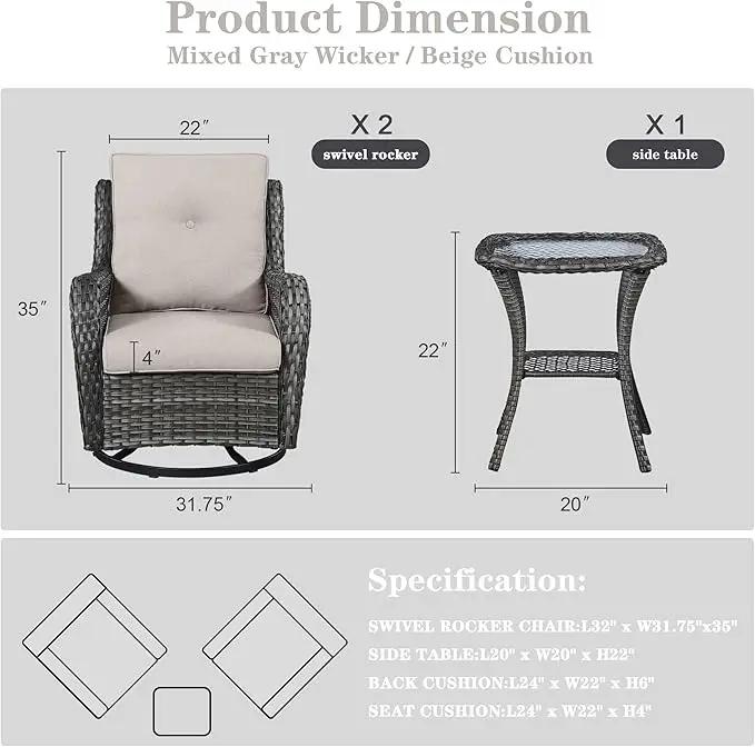 3 PCS Patio Furniture Set - Mixed Grey Wicker Swivel Rocking Chairs with Side Table, Furniture Set for Outdoor by GreenHaven Gardens