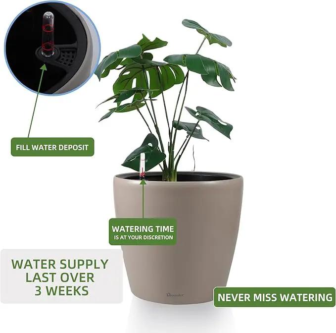 Dexceder 9x8 Inches Self Watering Planter Indoor Outdoor, Inner Pot Design, Thickened Table Flower Plant Pot with Water Level Indicator (Taupe Matte) by GreenHaven Gardens