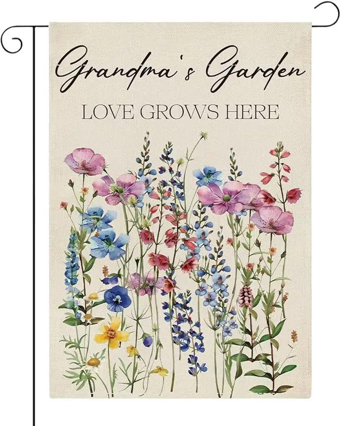 Grandma's Garden Flag Welcome Sign Love Grows Here Flag Gift Flower Decoration Small Double Sided Burlap art Stained Glass Style Garden Flags 12 x 18 Inch for Outside by GreenHaven Gardens