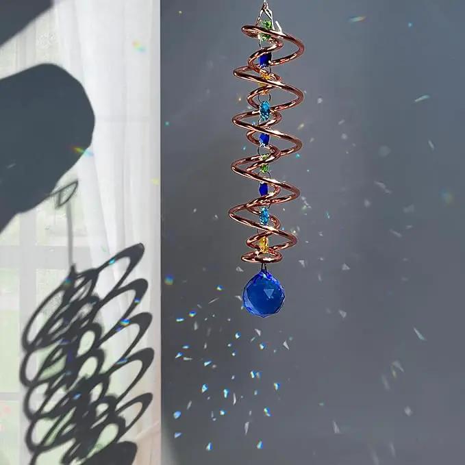 FONMY Gazing Ball Spiral Tail -Decorative Wind Spinner Sun Catcher Rainbow Maker Copper Double-Spiral W/Sea Blue Crystal Ball and Chain Crystals Beads for Indoor Outdoor Garden Decoration -14 inch H by GreenHaven Gardens