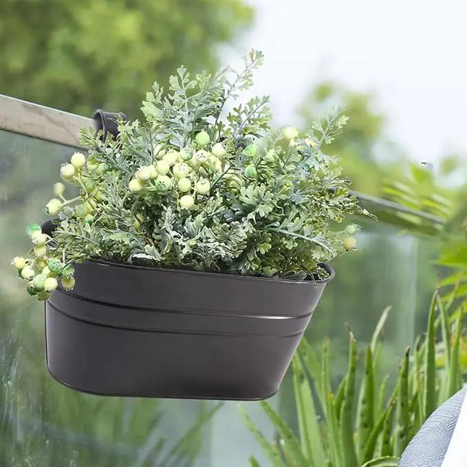 Metal Iron Flower Pots for Railing Fence Hanging Bucket Pots(5 Pcs) and Hanging Flower Pots Metal Iron Bucket Planter(10 Pcs) (Black) by GreenHaven Gardens