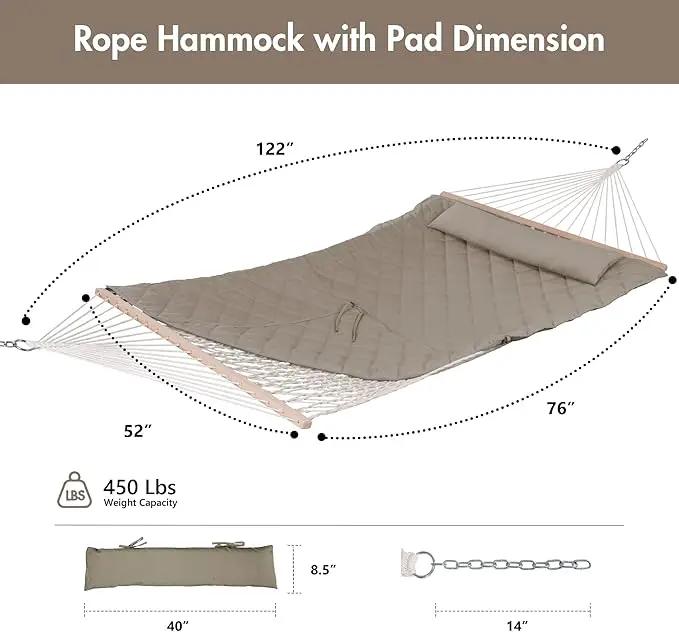 ANOW 2 Person Hammock with Spreader Bars, Rope Hammock with Pad for Outside, 450 LBS Weight Capacity, Light Brown by GreenHaven Gardens