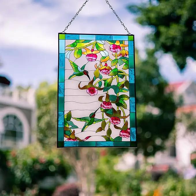 VEWOGARDEN W10xH15 inch Hummingbird Stained Glass Window Hangings, Suncatcher Panel with Chain for Wall or Windows by GreenHaven Gardens