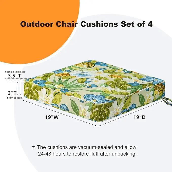 Square Corner Seat Cushions, 19" x 19" x 3", Set of 4, Indoor Outdoor Water Repellent Universal Chair Pads with Ties for Patio Furniture, Garden Dining Chairs, Blue Flower by GreenHaven Gardens