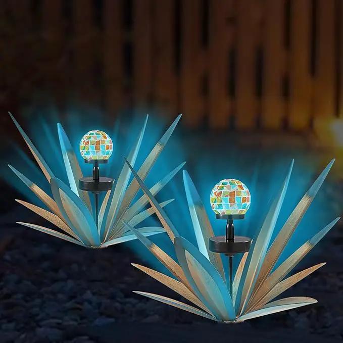 Enlarge Metal Plants Tequila Rustic Sculpture, Outdoor Patio Yard, Home Decor Hand Painted Agave Garden Statue, Outdoor Lawn Ornaments Yard Stakes for Mom Gift (2 Solar Blue) by GreenHaven Gardens