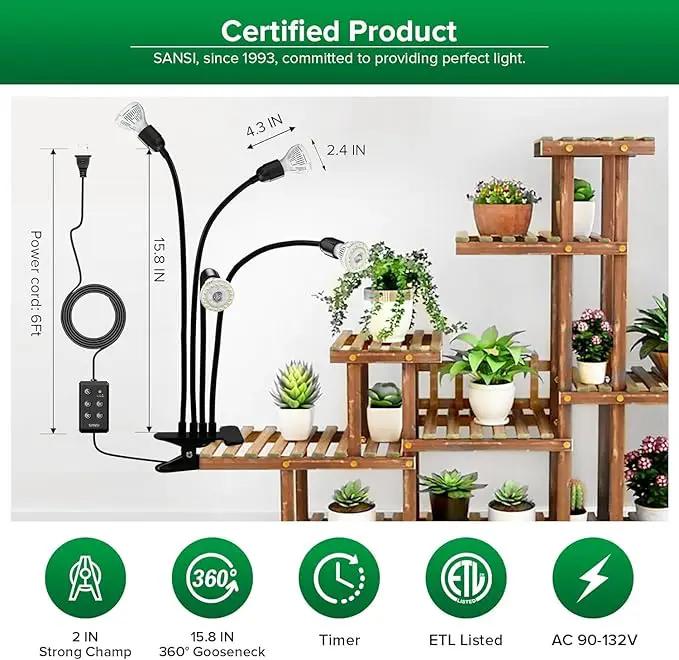 SANSI LED Grow Lights for Indoor Plants, Lifetime Free Bulb Replacement, 600W Full Spectrum 4-Gooseneck Clip Plant Grow Light, Plant Light with Timer 4/8/12 Hrs, High PPFD Growing Power Grow Lamp by GreenHaven Gardens