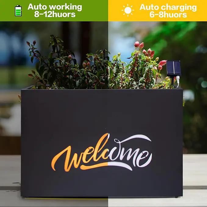 Metal LED Planter Box Rectangular Block - Galvanized Steel Long Planters Box with Solar Light Outdoor All-Weather Use with Drainage Holes for Cafe Bar Mall Store Patio/Porch/Entrance, 35.5×24×12IN by GreenHaven Gardens