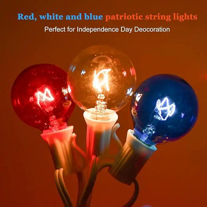 4th of July Decorations String Lights, 25Ft Outdoor Patio String Lights with 27 G40 Red White and Blue Light Bulbs(2 Spare), Independence Day Lights for Patriotic Party Garden Festival Decor- White by GreenHaven Gardens