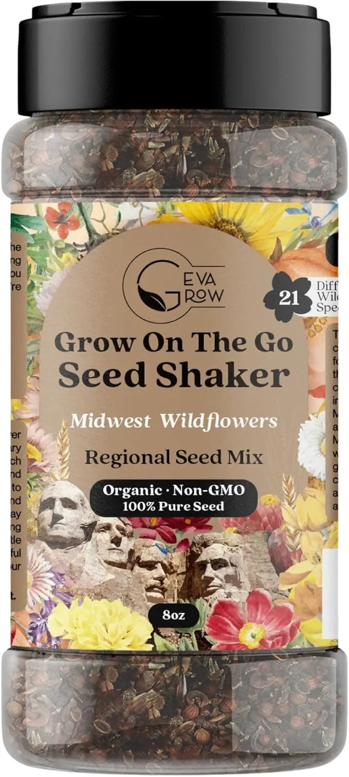 on The Go Seed Shaker - Midwest Wildflower Seeds Regional Mix - Organic, Non-GMO - 100% Pure Seed - 21 Different Wildflowers Seeds of Annual and Perennial, 8oz by GreenHaven Gardens