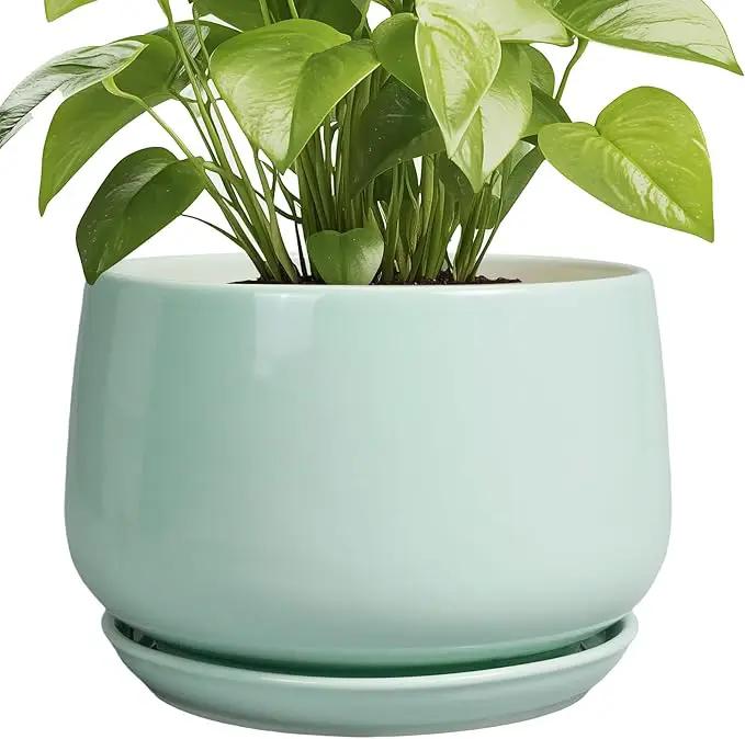 G EPGardening Ceramic Pots for Plants - 9 Inch Ceramic Planter with Drainage and Saucer, Round Planter for Indoor Outdoor Plants, Modern Flower Pots, Garden Decor, Birthday Gifts, Green by GreenHaven Gardens