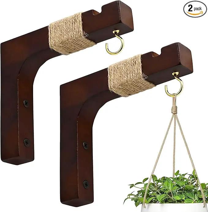 Plant Hanger Hooks for Indoor Hanging Plants, 2 Pack Rustic Farmhouse Wooden Hanging Basket Wall Bracket Plant Hooks for Indoor Outdoor Flower Pots Lanterns Wind Chime Balcony Light Garden Decoration by GreenHaven Gardens