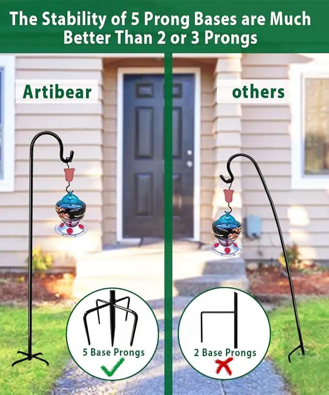 Artibear Adjustable Outdoor Shepherd Hook Stand with 5 Prong Base, 60 Inches Tall 3/5 in Thick, Shiny Black (1 Packs) by GreenHaven Gardens