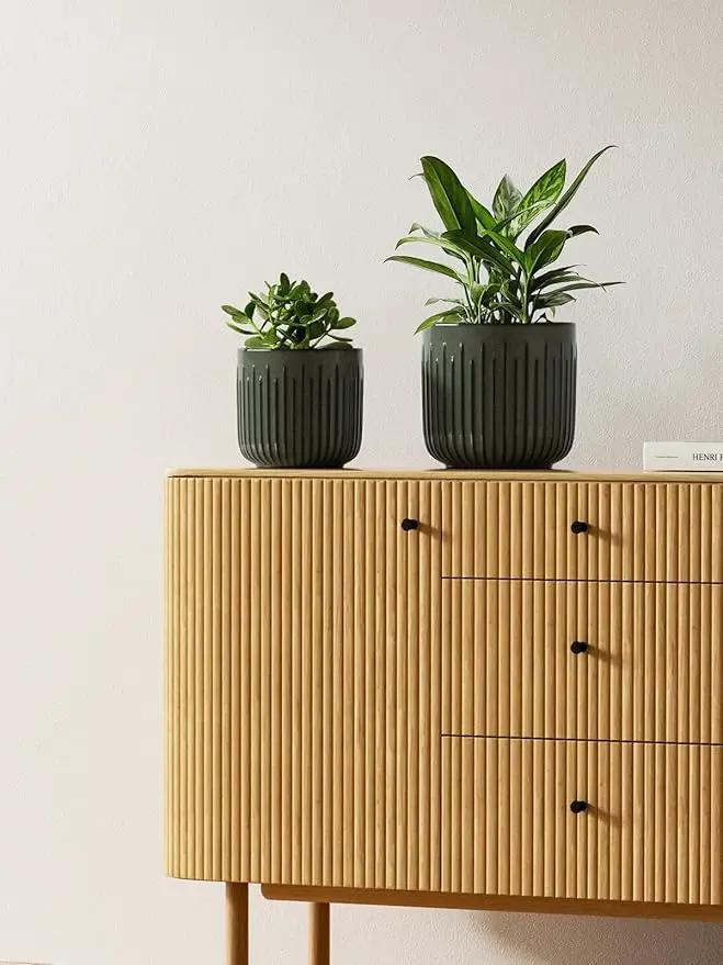 LE TAUCI Fluted Ceramic Planters Set of 3 – 8.3/7 / 5.7 in Dark Olive Reactive Cylinder Indoor Plant Pots with Drainage Plug & Mesh, Glossy Stoneware Flower Pots for Succulents Herbs by GreenHaven Gardens