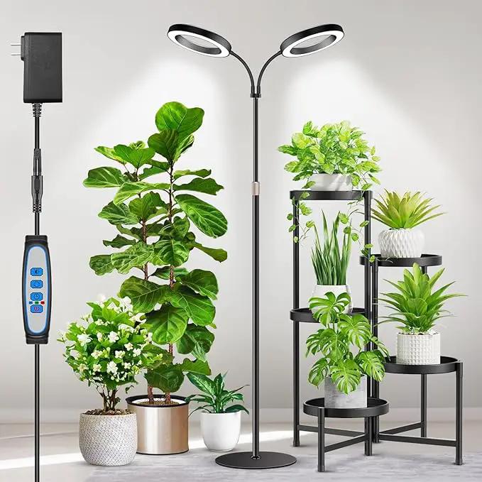 Large Plant Light for Indoor Plants, 2 Head Full Spectrum Grow Light with 68" Adjustable Stand for Growing Large Tall Plants, Black Halo Floor LED Grow Lamp with 16 Hour Timer by GreenHaven Gardens