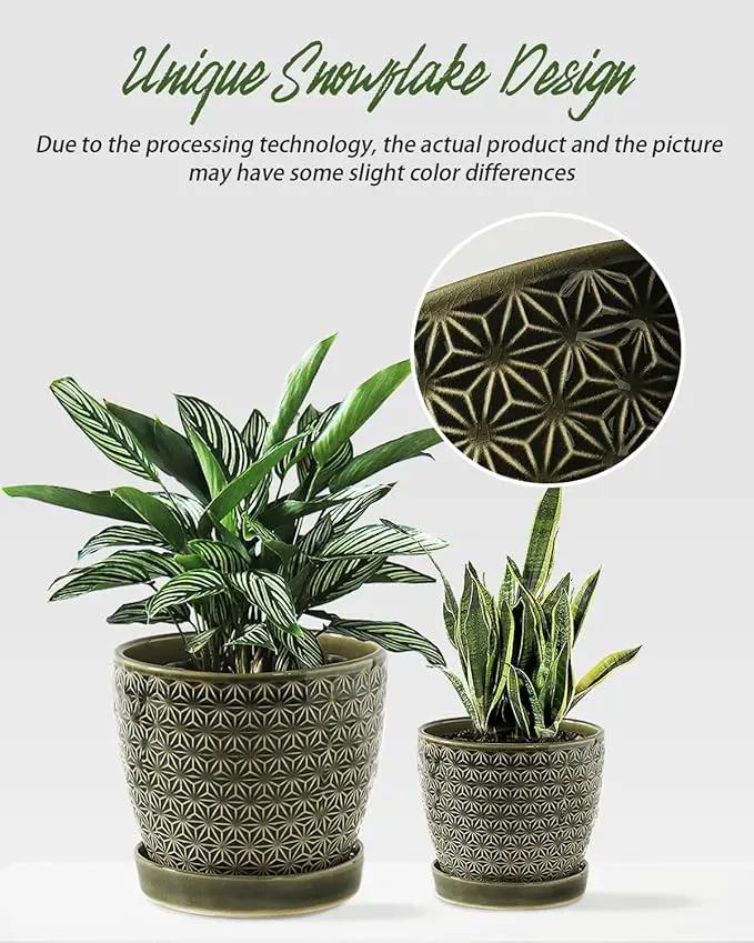 Plant Pots, Flower Pots, Planters for Indoor Plants(6.5+5.5inch), Flower Pots for Indoor Plants with Drainage Hole and Saucer, Ceramic Pots for Plants with Hole Mesh Pad,Reactive Glaze Green by GreenHaven Gardens