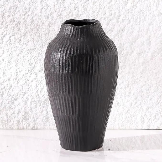 Elegant Black Ceramic Vase - Modern Minimalist Home Decor Vase, Centerpiece for Living Room, Dining Table, Office - 11.6 Inches Tall, Handcrafted Pottery for Farmhouse, Boho, Contemporary Style by GreenHaven Gardens