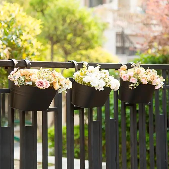 3 Pack Metal Hanging Flower Pots for Railing Fence，Outdoor Balcony Rail Planter with Detachable Hooks Drainage Holes for Deck Garden Home Decor Black by GreenHaven Gardens