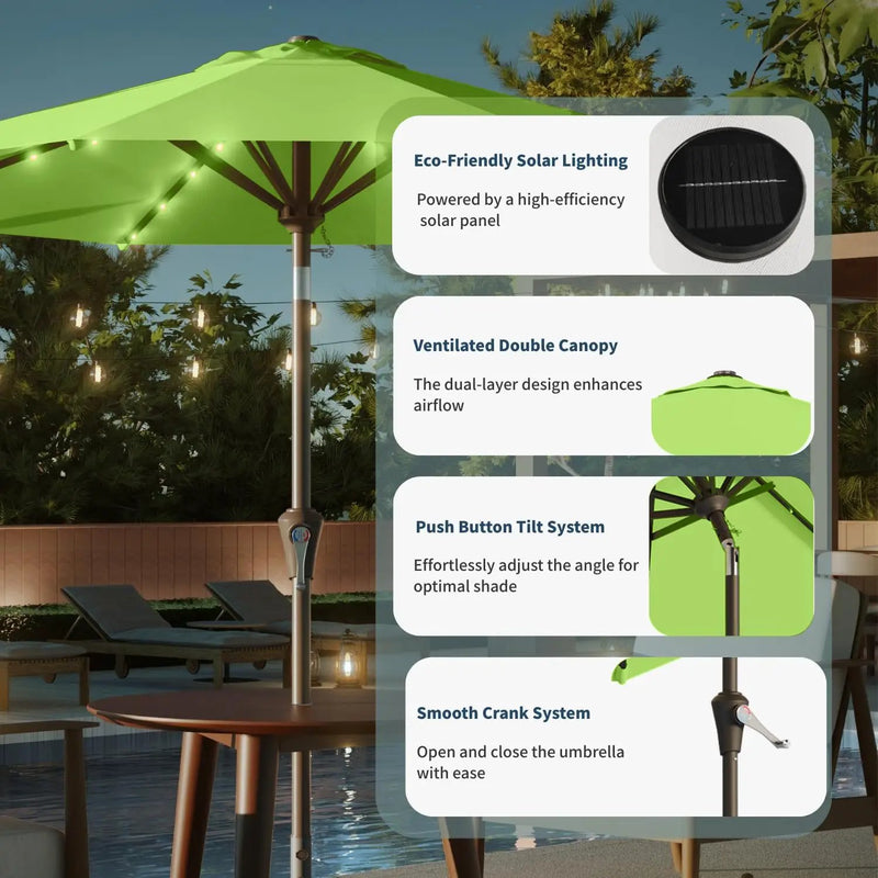 10FT Solar Umbrella 32 LED Lighted Patio Umbrella Table Market Umbrella w/Tilt and Crank, UV-Resistant Outdoor Umbrella for Pool, Garden, Deck, Apple Green by GreenHaven Gardens