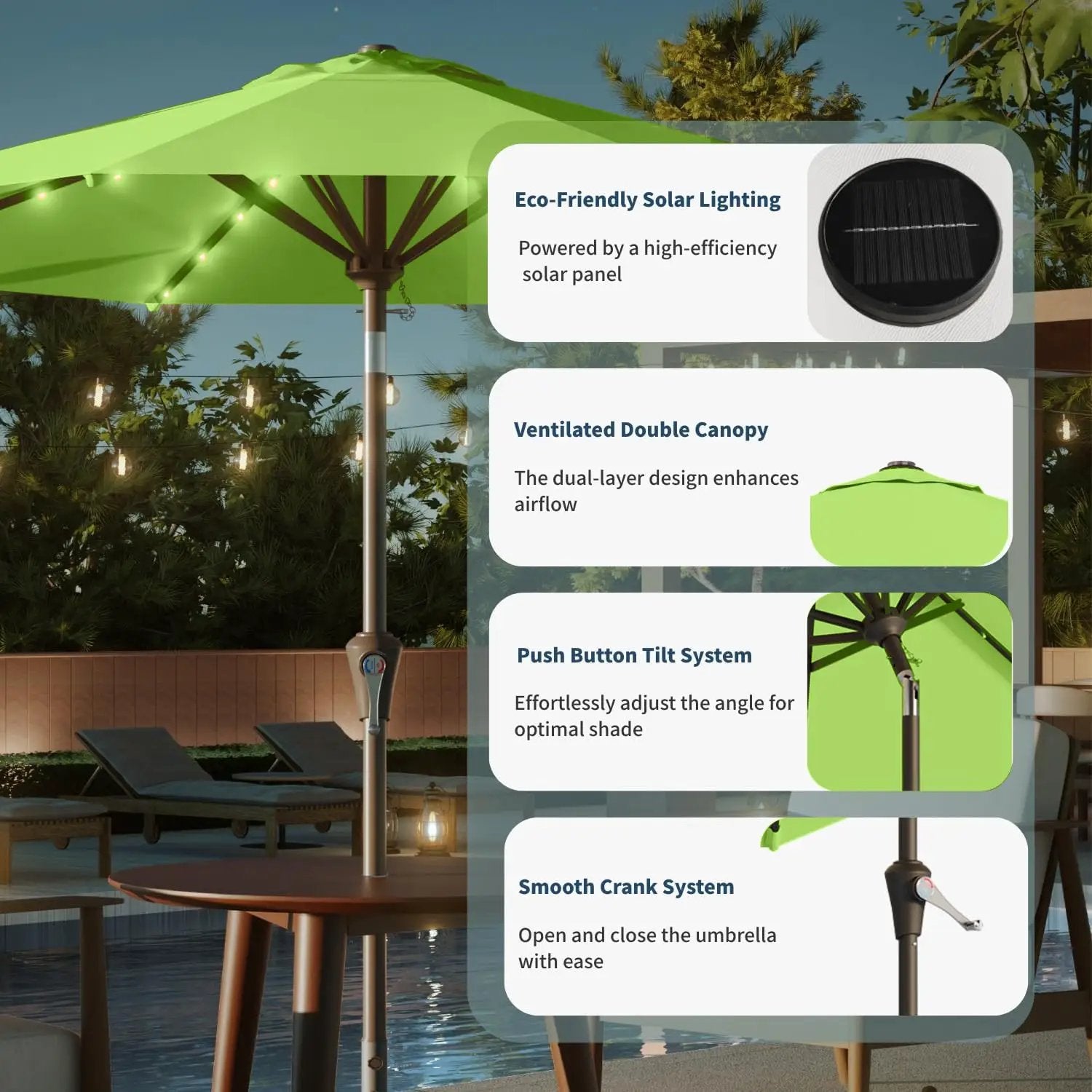 9FT Solar Umbrella 32 LED Lighted Patio Umbrella Table Market Umbrella w/Tilt and Crank, UV-Resistant Outdoor Umbrella for Pool, Garden, Deck, Apple Green by GreenHaven Gardens
