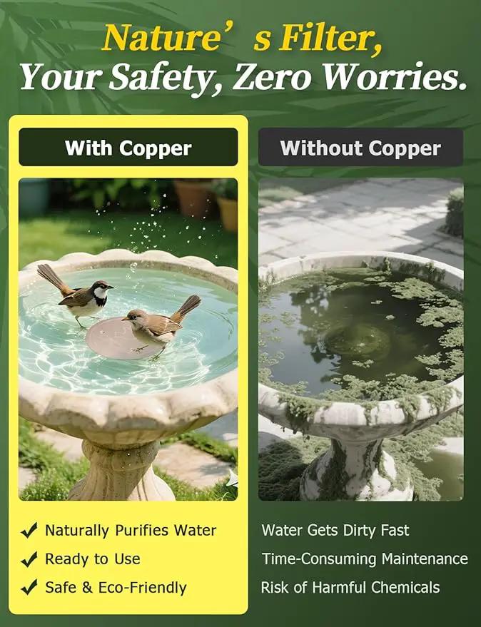 Mellbree 4-Pack Bird Bath Copper Disk, 0.6mm Reinforced 99.99% Pure Copper Cleaning Disk with Triple-Point Support for Physical Safe Clean Water All-Season by GreenHaven Gardens