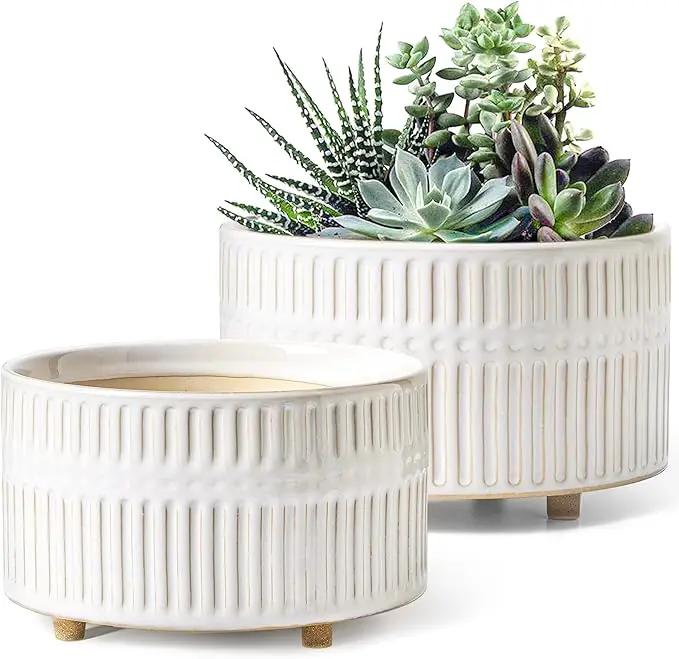 LE TAUCI Succulent Pots, 6.5+8 Inch Ceramic Indoor Plant Pot with Drainage Hole, Modern Round Decorative Flower Pot, Set of 2, Reactive Glaze White by GreenHaven Gardens