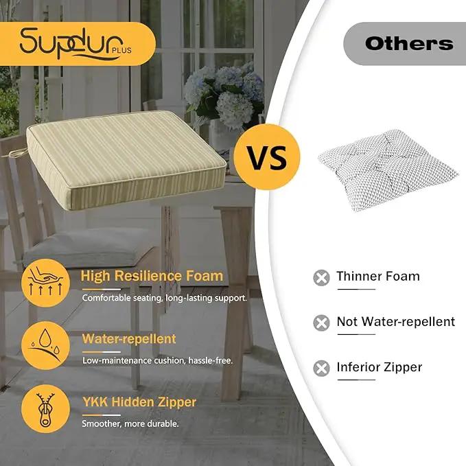 Outdoor Square Corner Seat Cushion, 18.5"x16"x3", Set of 4, Non Slip Seat Cushion Pads with Removable Cover for Patio Furniture, Garden Yard Lawn, Beige Brown Stripe by GreenHaven Gardens