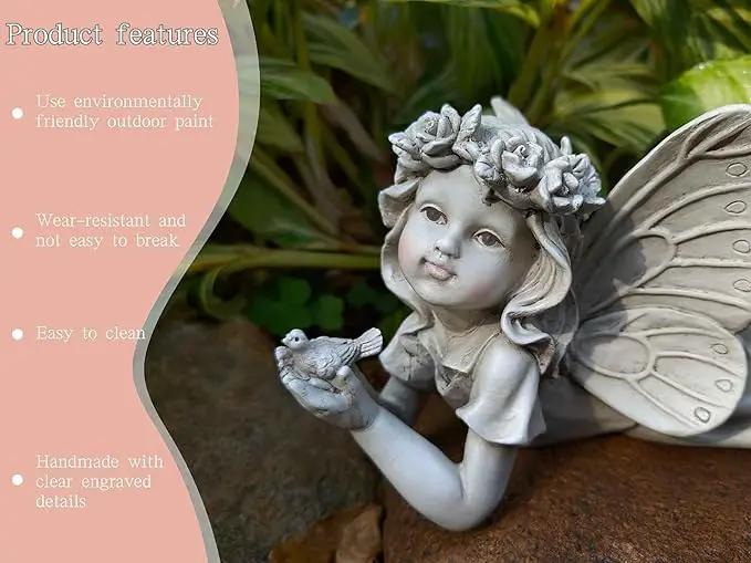 MeritMode Fairy Flower Garden Outdoor Statue - Angel Holding Bird and Butterfly, 11" Width, Cherub Decor and Grandma Gifts, Patio and Yard by GreenHaven Gardens