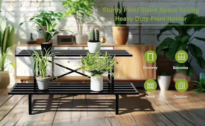 Zhongma 2 Tier Sturdy Metal Plant Stand Heavy Duty Plant Holder for Home Indoor and Outdoor, L35.43 x W17.5 x H14 inch, 440 LBS Capacity & Heavy Duty Construction. by GreenHaven Gardens