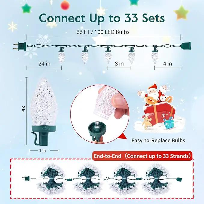 C9 Christmas String Lights White, 66ft 100 LED Faceted Christmas Lights on Green Wire, Large Bulb Strawberry String Lights for House Roof Roofline Christmas Tree Party Outdoor by GreenHaven Gardens