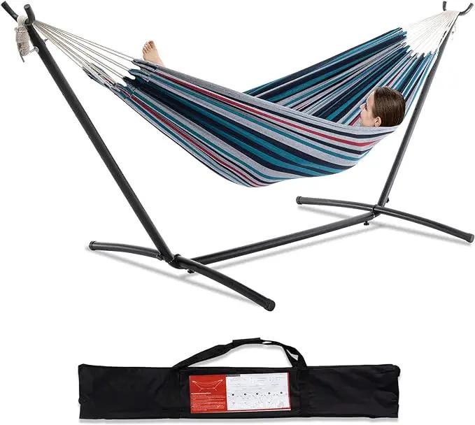 PNAEUT Double Hammocks with Stand for Outside, Portable Space Saving Heavy-Duty Steel Stand for Indoor Outdoor Patio with Carrying Bag, 450 lbs Capacity (Denim) by GreenHaven Gardens