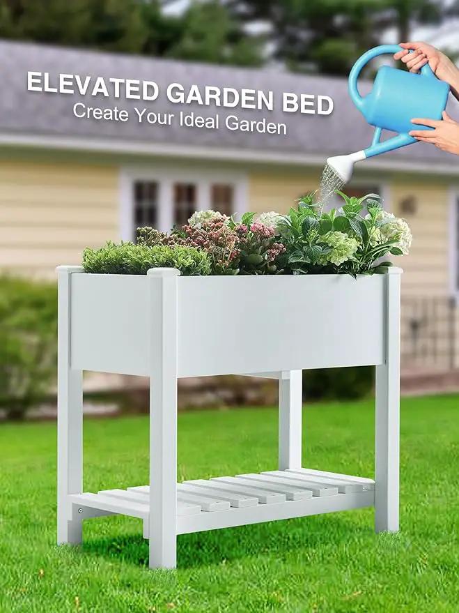 Psilvam Planter Box Raised Garden Bed, Poly Lumber Raised Garden Beds Outdoor with Storage Racks and Tarps, Superior to Cedar Elevated Garden Bed with Leg, for Balcony and Porch, 350 lbs Load (White) by GreenHaven Gardens