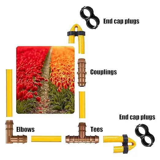 Irrigation Fittings Kit for 1/2 Inch Tubing Include 8 Tees, 8 Couplings, 8 Elbows and 8 End Cap Plugs Drip Irrigation Barbed Connectors, Drip Line Connectors Set by GreenHaven Gardens