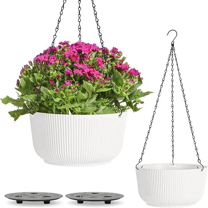 T4U 10 Inch Hanging Planters for Indoor Outdoor Plants, 2 Pack White Self Watering Hanging Plant Pot, Hanging Pots Set with Drainage Hole & Plug & Chain with 3 Hooks for Garden Home Decor by GreenHaven Gardens