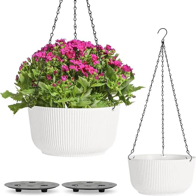 T4U 10 Inch Hanging Planters for Indoor Outdoor Plants, 2 Pack White Self Watering Hanging Plant Pot, Hanging Pots Set with Drainage Hole & Plug & Chain with 3 Hooks for Garden Home Decor by GreenHaven Gardens