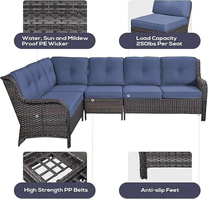 Outdoor Furniture Sectional Sofa L Shaped Couch - Patio Wicker Set with 2 Swivel Glider Chairs, 5 Piece Rattan Patio Conversation Sets with Blue Cushion for Deck Backyard Sunroom by GreenHaven Gardens