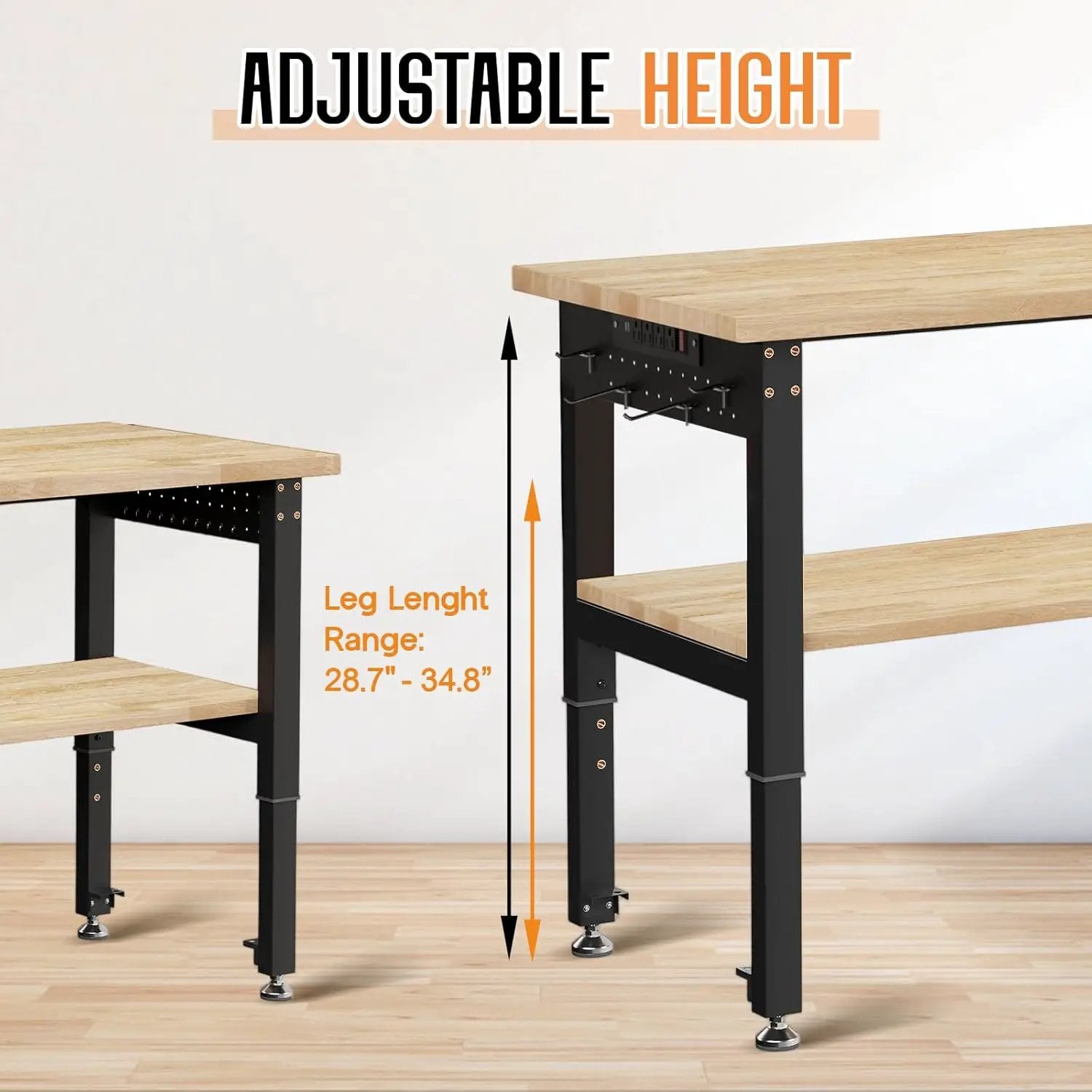 Albott 96" Adjustable 2-Tier Workbench with Solid Wood Top, Max 2000lbs Capacity, Built-in Power Strip with 4 AC Outlets & 2 USB Ports, Pegboard & 20 Hooks, Shop Garage Office by GreenHaven Gardens